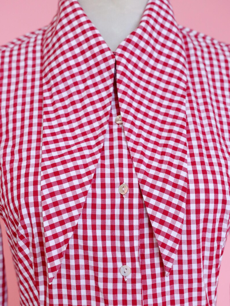 Puede incluir: Una camisa de cuadros rojos y blancos con un cuello grande y puntiagudo. El cuello est&aacute; doblado hacia abajo y la camisa tiene un cierre de botones.