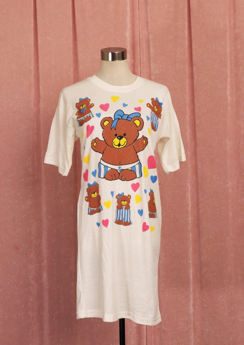 Vintage 80s Cream Teddy Bear Long Sleep Shirt AU10 Retro Pyjama Nightie ...