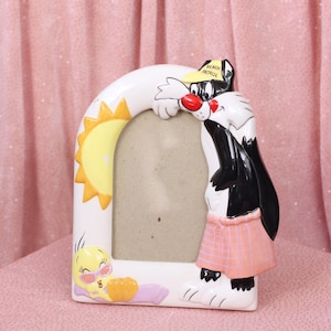 Vintage Looney Tunes Ceramic Frame - Sylvester and Tweety in Beach Patrol Gear - Retro Cartoon Decor