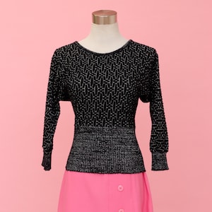 Vintage Black and Silver Knit Sweater with Geometric Pattern Detail