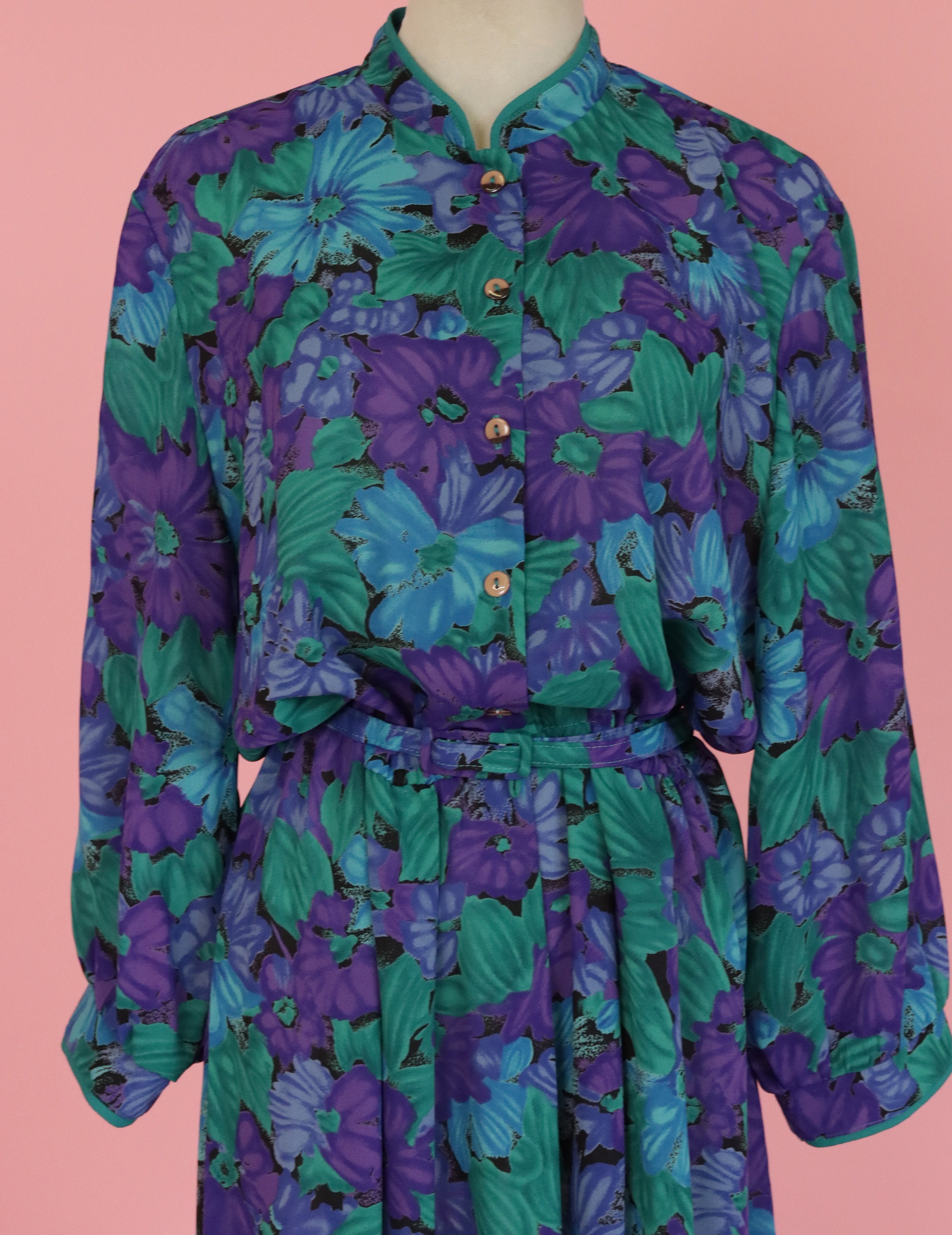 Vintage 80s Blue Purple Green Floral Dress, Button Front, Belted 