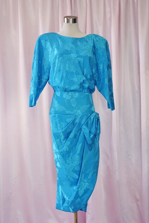 Vintage 80s Blue Silky Floral Dress with Bows and
