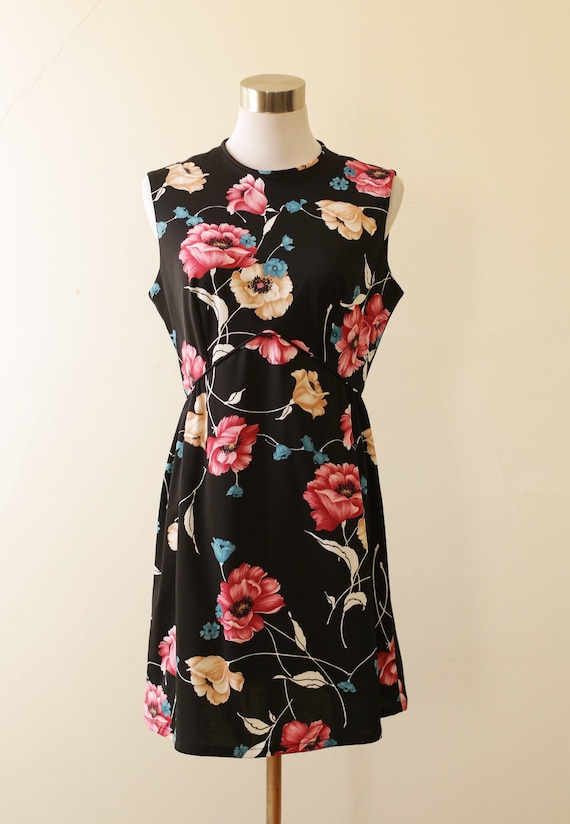 Vintage 70s Black and Pink Floral Print Mini Dress