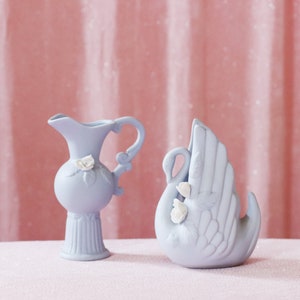 Vintage Swan Figurine with Matching Mini Vase – Soft White Ceramic Pair