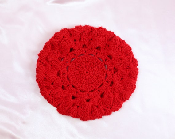 70s Red Crochet Beret Hat