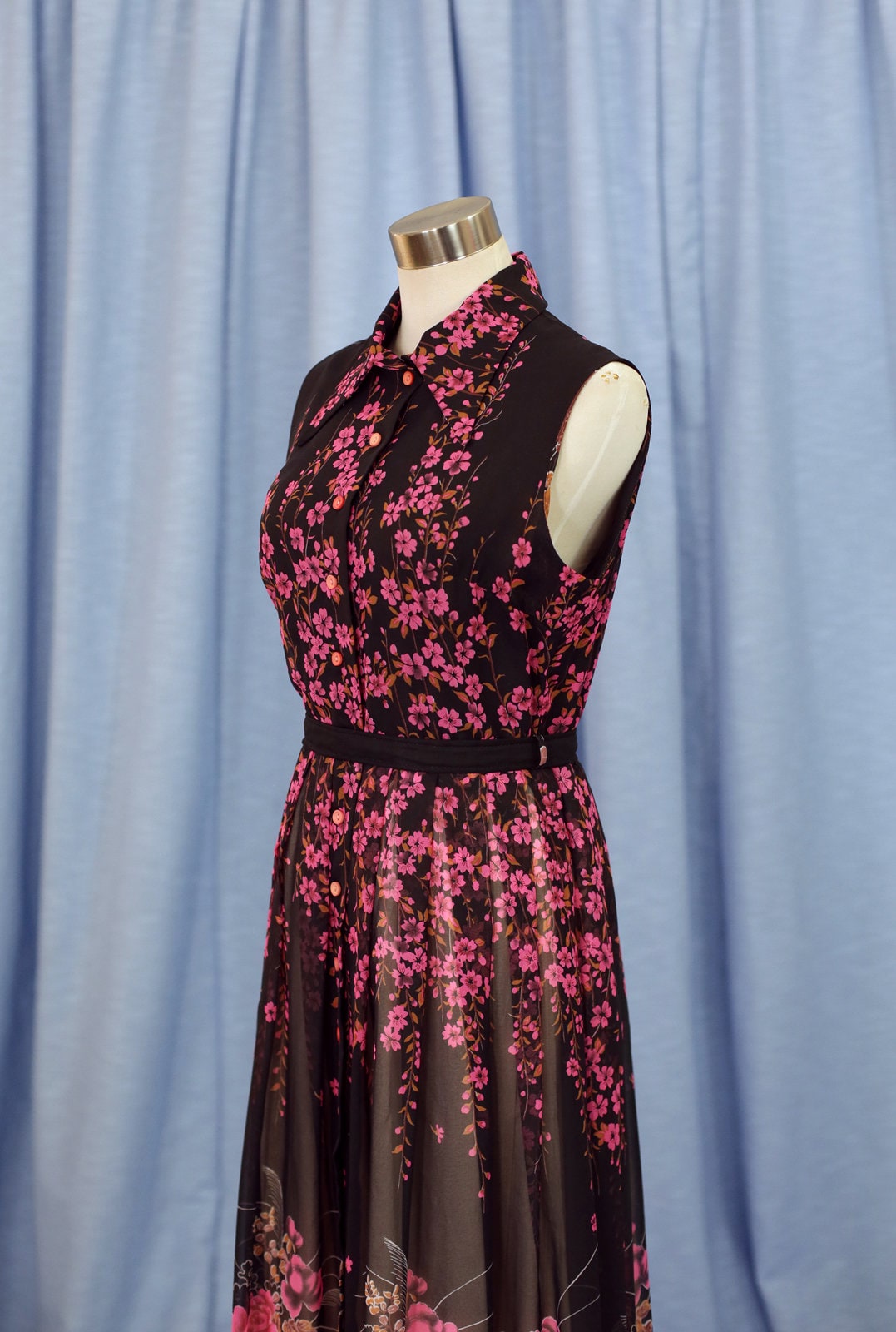 Vintage 70s Black Pink & Green Floral Maxi Dress 10 12 main image 1