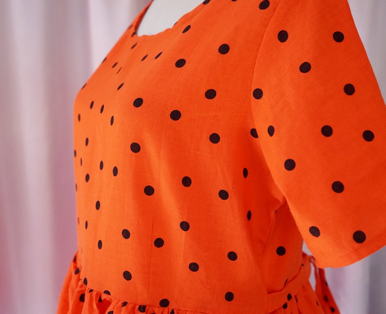 Orange polka dot Smock Dress With Tie and Pockets Mede With Vintage Fabric