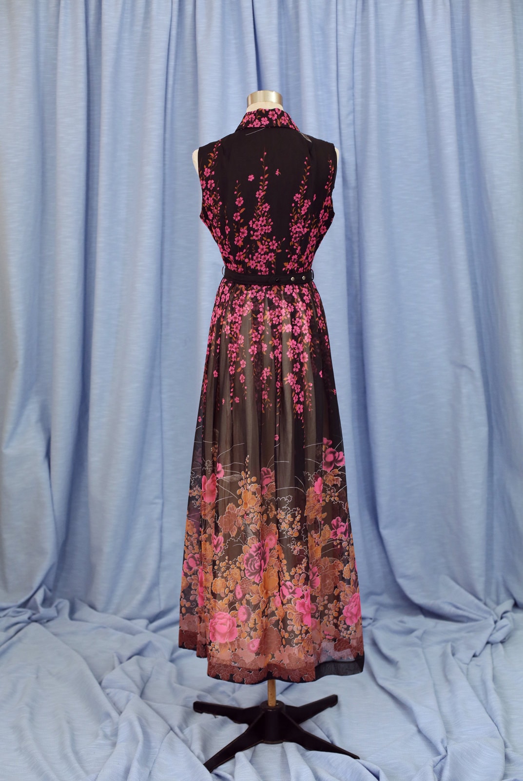 Vintage 70s Black Pink & Green Floral Maxi Dress 10 12