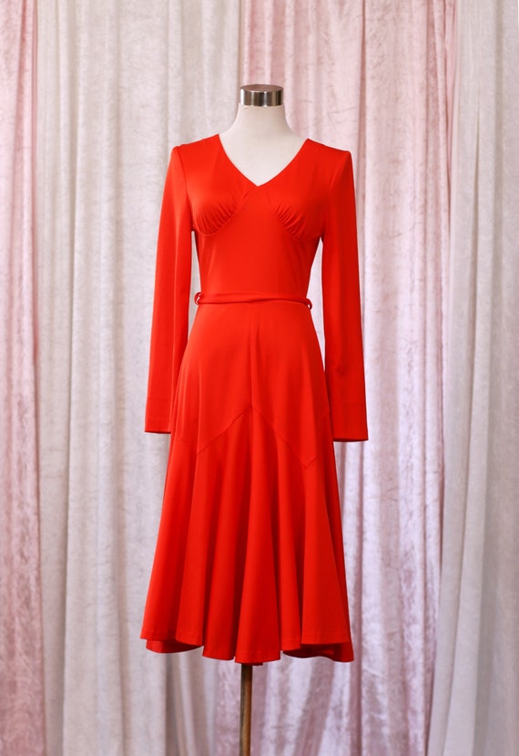 Vintage 70s Red Disco Dress, Long Sleeve, 3/4 Skirt, Zip Back AU8-AU10