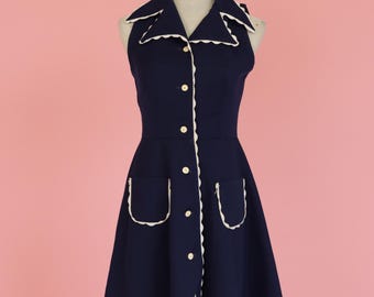 70s Navy Blue Fit & Flare Dress with Collar