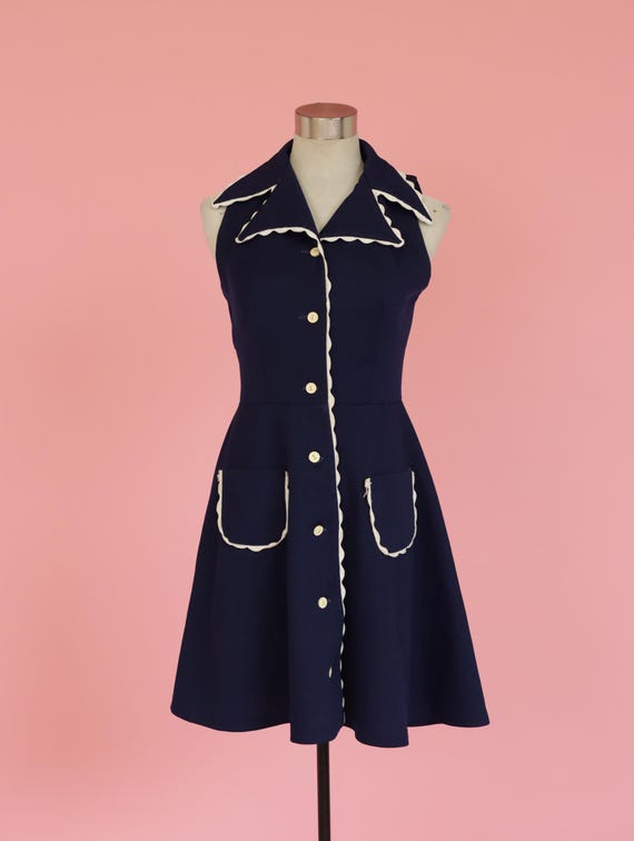 70s Navy Blue Fit & Flare Dress with Collar