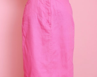 Vintage 80s Pink Denim Pencil Skirt | High Waisted Cotton Barbiecore Midi