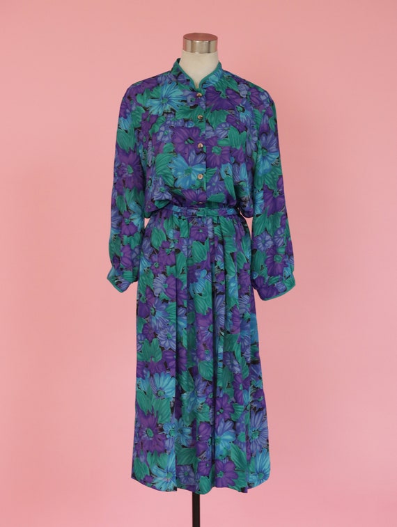 Vintage 80s Blue Purple Green Floral Dress, Button Front, Belted 