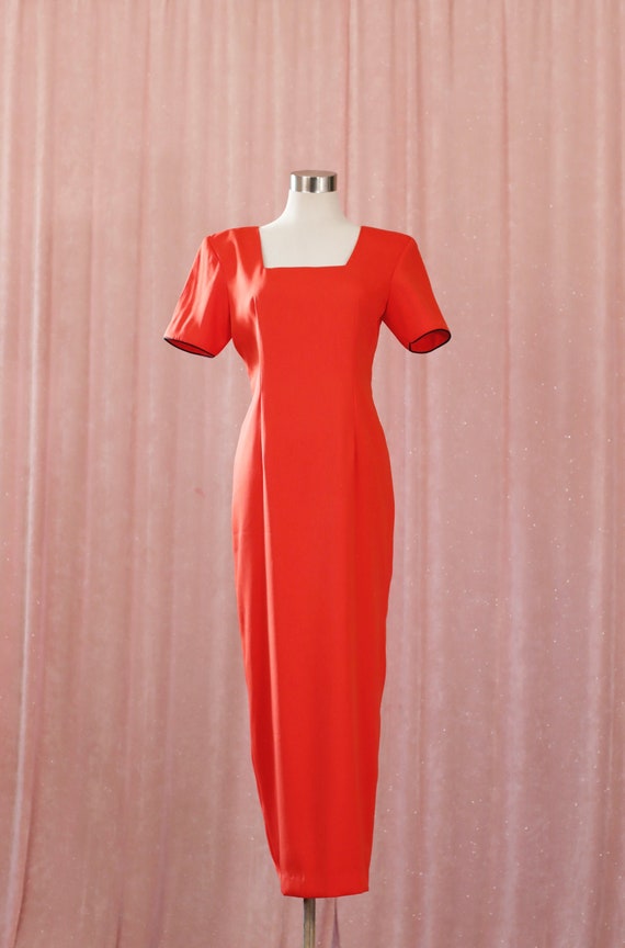 Red 90s Fitted Maxi Wiggle Dress with Black Edge Detail (AU8/S)