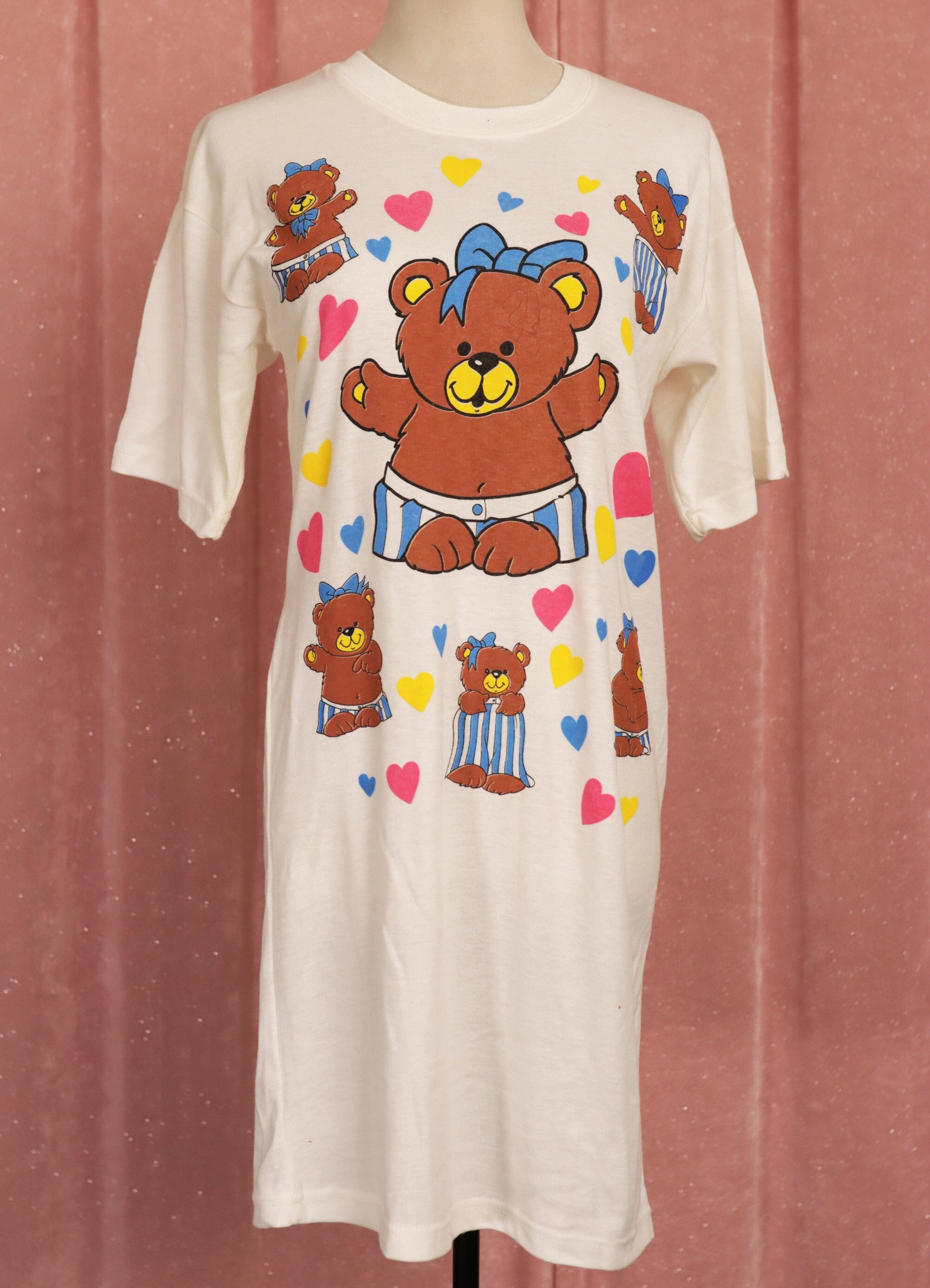 Vintage 80s Cream Teddy Bear Long Sleep Shirt AU10 Retro Pyjama Nightie ...
