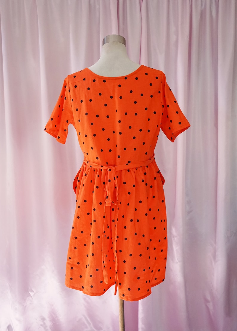 Orange polka dot Smock Dress With Tie and Pockets Mede With Vintage Fabric