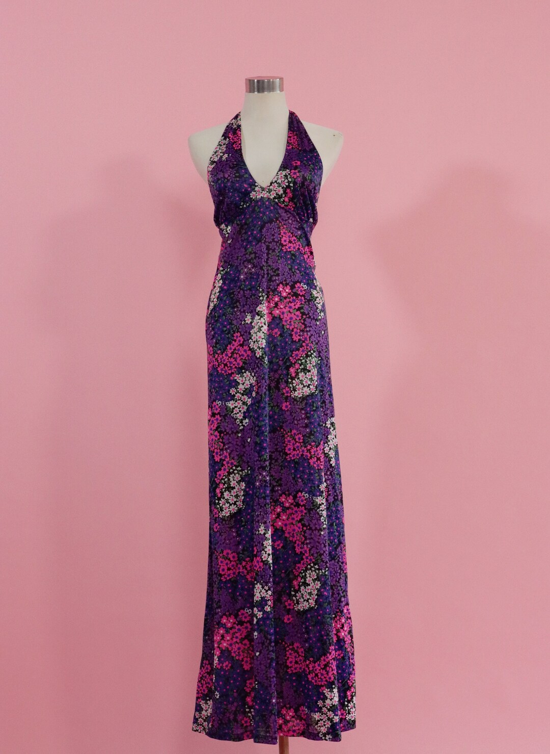 VTG 60s 70s PURPLE PINK GREEN BEIGE FLORAL GEOMETRIC SLEEVELESS MAXI DRESS 10