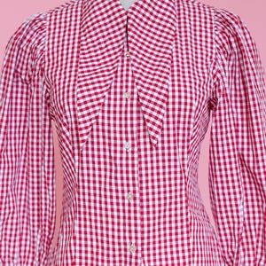 Puede incluir: Una camisa de botones de cuadros rojos y blancos con un cuello grande y puntiagudo. La camisa tiene mangas largas y una silueta ajustada.