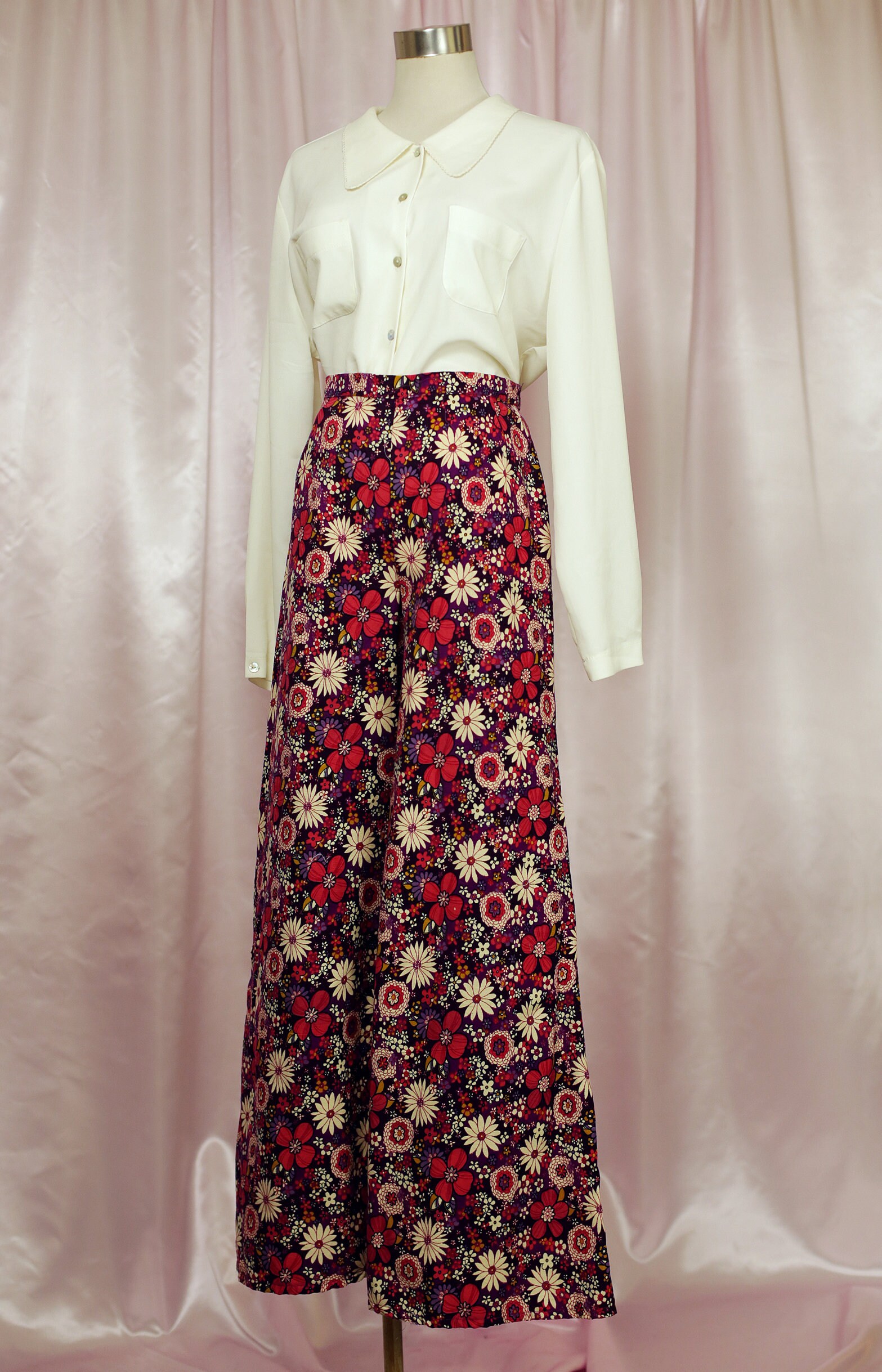 Floral Wide Leg High Waist Pants 70s Baby Cord With Pink and - Etsy ...