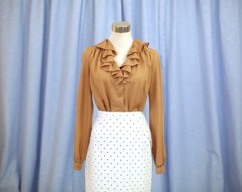 Brown Mustard Button Up Shirt with Frill neck detail