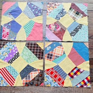 FOUR Antique Quilt top Pieces and Fabric Remnant Bundle, Quilted Cotton Scraps for Slow Stitching and Journaling, scrap bundles for crafting