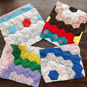 FOUR Vintage grandmother’s garden Quilt Pieces for Slow Stitching, Journaling, Quilting, sewing crafting