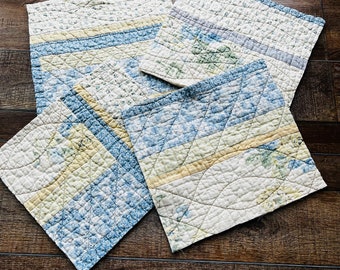 FOUR Vintage Quilt Pieces and Fabric Remnants Bundle, Quilted Cotton Scraps for Slow Stitching and Journaling, scrap bundles for crafting
