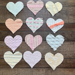 Vintage Chenille Heart Appliques: 12 Fabric Pieces, 5-inch