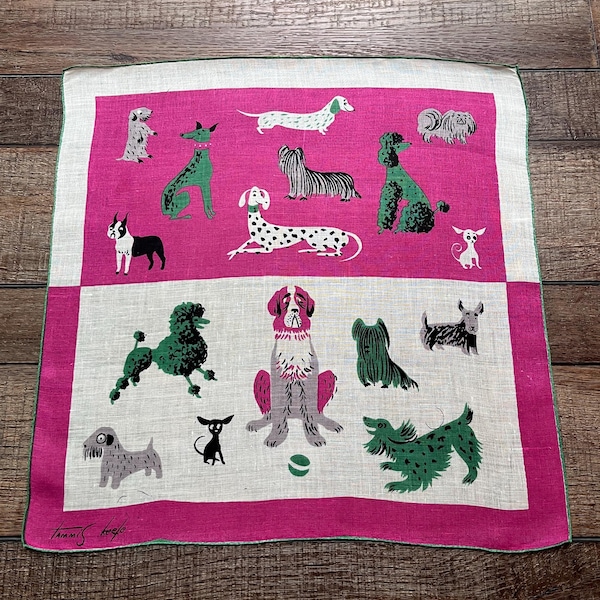 Vintage Tammis Keefe Dog Handkerchief – Mid-Century Novelty Cotton Hanky – Retro Designer Print – 15"