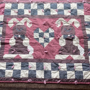 Vintage Hand Tied Quilted BUNNIES Floral Patchwork Quilt Piece fabric for crafting, repurposing, junk journals and layering