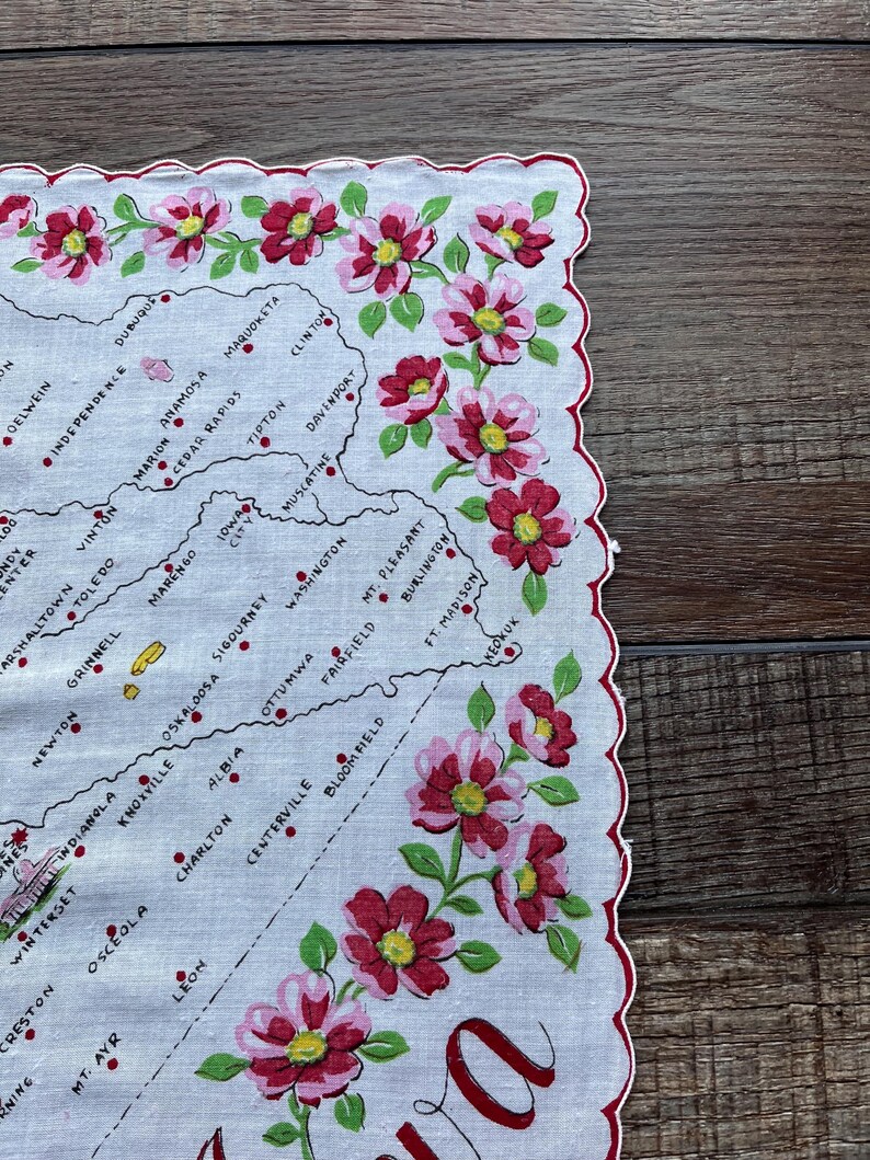 Vintage Iowa State Map Handkerchief – Prairie Rose Flowers – Landmarks ...