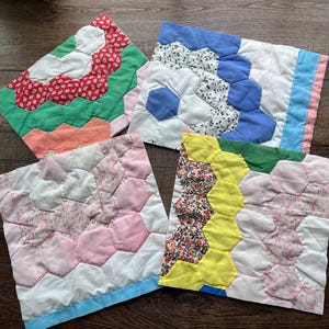 FOUR Vintage Grandmother’s Garden Quilt Pieces, Fabric Remnants Bundle for Slow Stitching and Journaling, scrap bundles for crafting