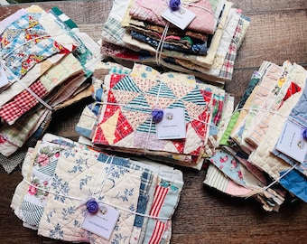 Vintage Quilt Scraps Bundle, 15 Patchwork Pieces for Crafts, Junk Journals, Slow Stitching