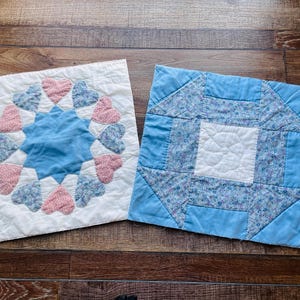 Two Vintage Hand Quilted Dresden Quilt Blocks, 15" Fabric Pieces