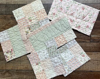 SIX Vintage Quilt Pieces and Fabric Remnants Bundle, Quilted Cotton Scraps for Slow Stitching and Journaling, scrap bundles for crafting