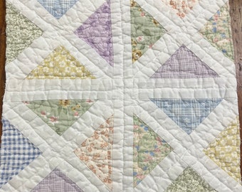 Vintage Hand Quilted Calico Fabrics Cottage Patchwork Quilt Piece, Sewing, Junk Journaling, Craft Projects, 12" Square Piece, Pastel Colors