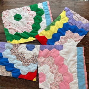 FOUR Vintage Grandmother’s Garden Quilt Pieces, Fabric Remnants Bundle for Slow Stitching and Journaling, scrap bundles for crafting