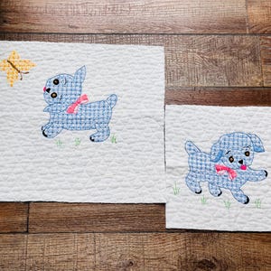 Vintage Embroidered Puppy and Butterflies Patchwork Quilt pieces for repurposing, sewing, crafting, slow stitching, junk journaling