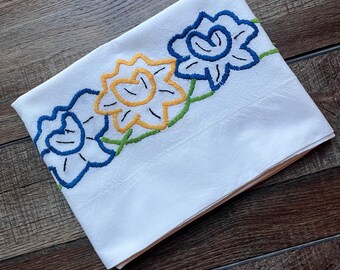 Vintage Hand Embroidered Blue and Yellow Roses Floral 1950's High Quality Cotton Country Cottage STANDARD Pillowcase
