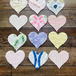 Vintage Chenille Heart Appliques: 12 Fabric Pieces, 5-inch