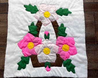 Antique Vintage 16" x 16" Quilt Piece Applique Flowers for Slow Stitching, Junk Journaling and Craft Projects