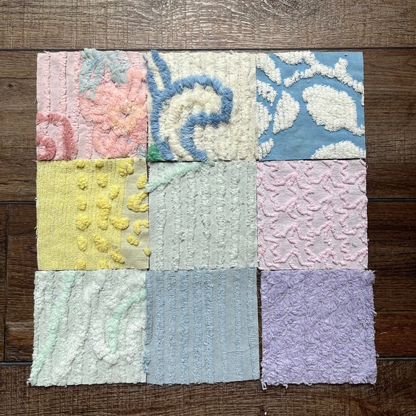 9 Vintage Chenille 5" Charm Squares  Fabric Pieces Cut from a Vintage Chenille Bedspread