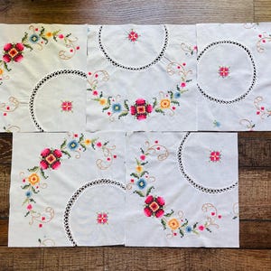 Vintage Embroidered Linen Blocks: 10&quot; Hand-Stitched Quilt Squares, Set of 5