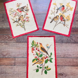 3 Vintage Printed Bird Quilt Blocks , Fabric Squares for Quilting, Sewing, Crafts, Slow Stitching