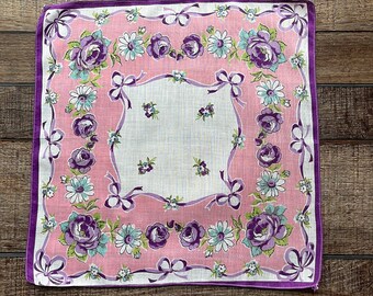 Vintage Handkerchief Pink Hankie With Roses and Daisies Flowers Hanky, FREE SHIPPING