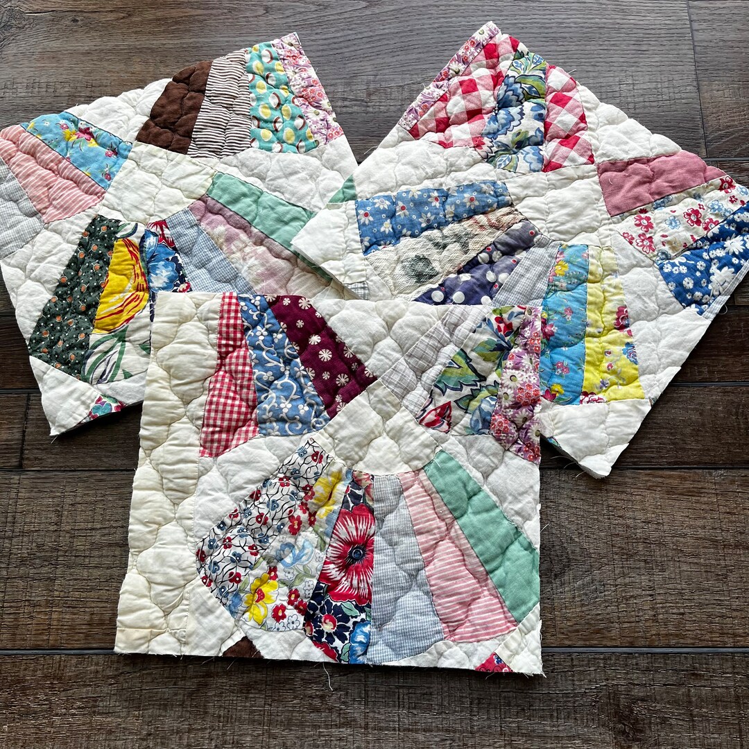 THREE Vintage Antique Quilt Pieces Fabric Remnants Bundle Etsy