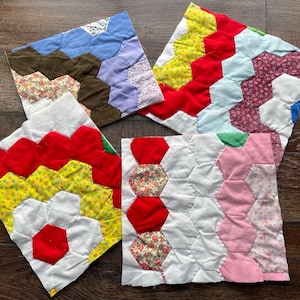 FOUR Vintage Grandmother’s Garden Quilt Pieces, Fabric Remnants Bundle for Slow Stitching and Journaling, scrap bundles for crafting