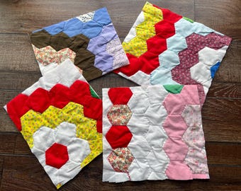 ヴィンテージドレスデンパッチワークキルト2枚、フィードサックカリコ