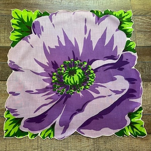 Vintage 1940s Linen Hankie: Peony Floral Print, Hand-Rolled Hem