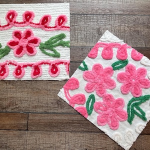 Vintage Chenille Fabric Pieces: Pink Retro Flowers, 12&quot; Square